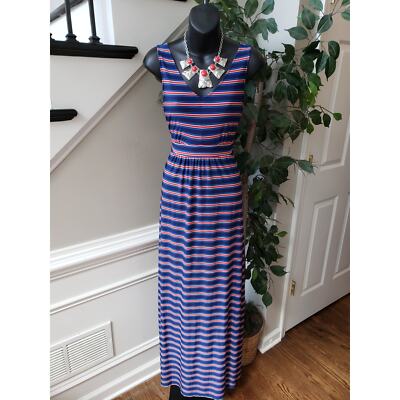 West Loop Long Maxi Dress Women's Size Medium Blue & Orange V-Neck Sleeveless
