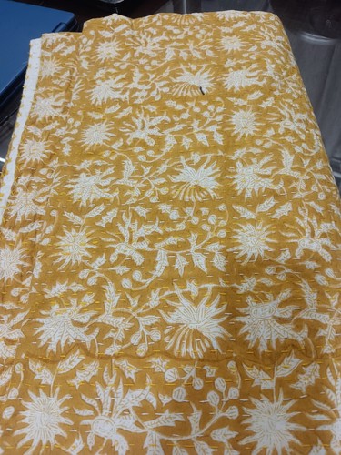 Indian Cotton Throw Bedding Quilt Hand Block Print Yellow King Size Kantha Quilt - Picture 2 of 9