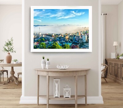 Town Print, Wall Art, Houses Shrouded Framed By Plateau Fog Wall Art, Mountains