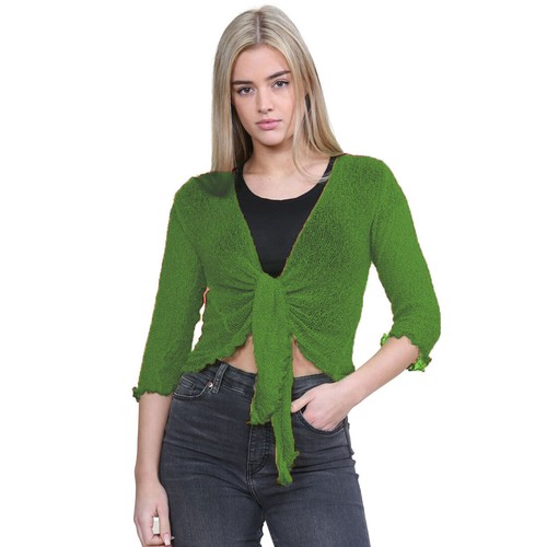 Ladies 3/4 Sleeve Open Front Tie Up Knitted Crop Bolero Shrug Short Cardigan Top - Picture 25 of 58