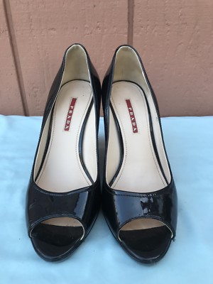 EUC! Prada 38.5 US 8.5 Black Leather Peep Toe Cork Platform Wedge