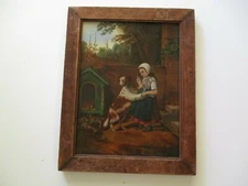 BIDWELL ANTIQUE FOLK PAINTING 19TH CENTURY PUPPY DOG HOUSE LANDSCAPE WOMAN 1867 
