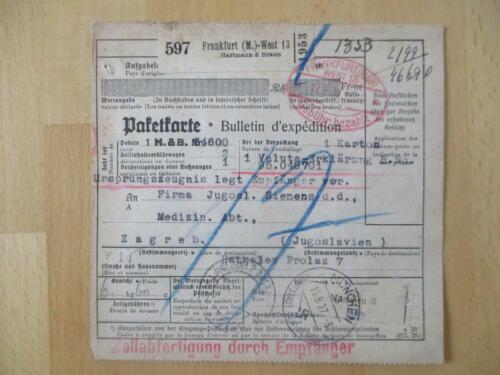 (864) Hartmann & Braun Frankfurt Paketkarte nach Zagreb Jugoslawien 1937 - Picture 1 of 2