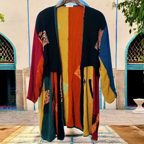 We Be Bop Vtg 90s Open Cardigan Womens Large Artsy Lagenlook Colorblock Kimono