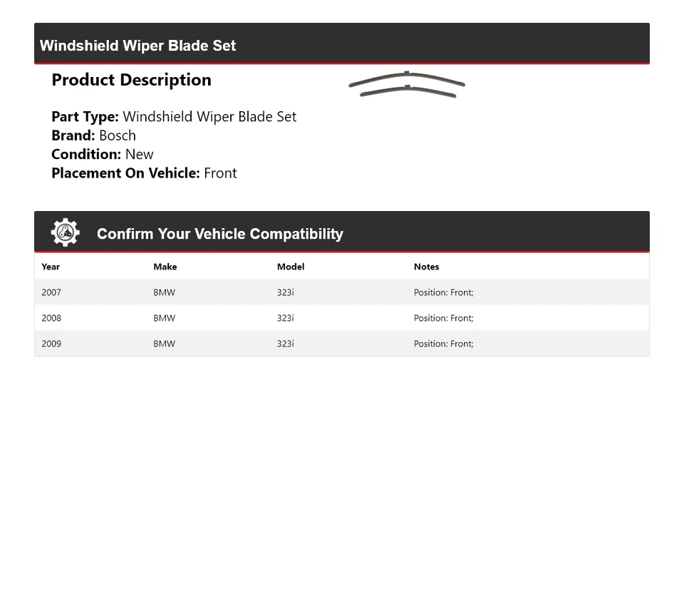 适用于 2007 - 2009 年宝马 323i 博世挡风玻璃刮板套装 2008 年前部 — 第 2/3 张图片