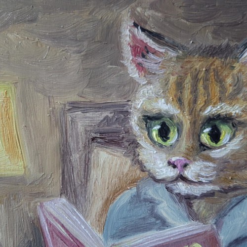 Original Oil Cat Reading Book Painting Canvas Funny Animal Art Humor Wall Decor - Picture 15 of 24
