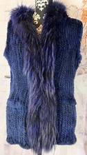 Diana Rosh NEW YORK Women’s Blue Rabbit Fur Hooded Fox Fur Trimmed Pocket Vest L