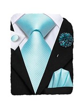 Mens Tie Set Silk Striped Woven Necktie with Lapel Pin Pocket Square Sky Blue