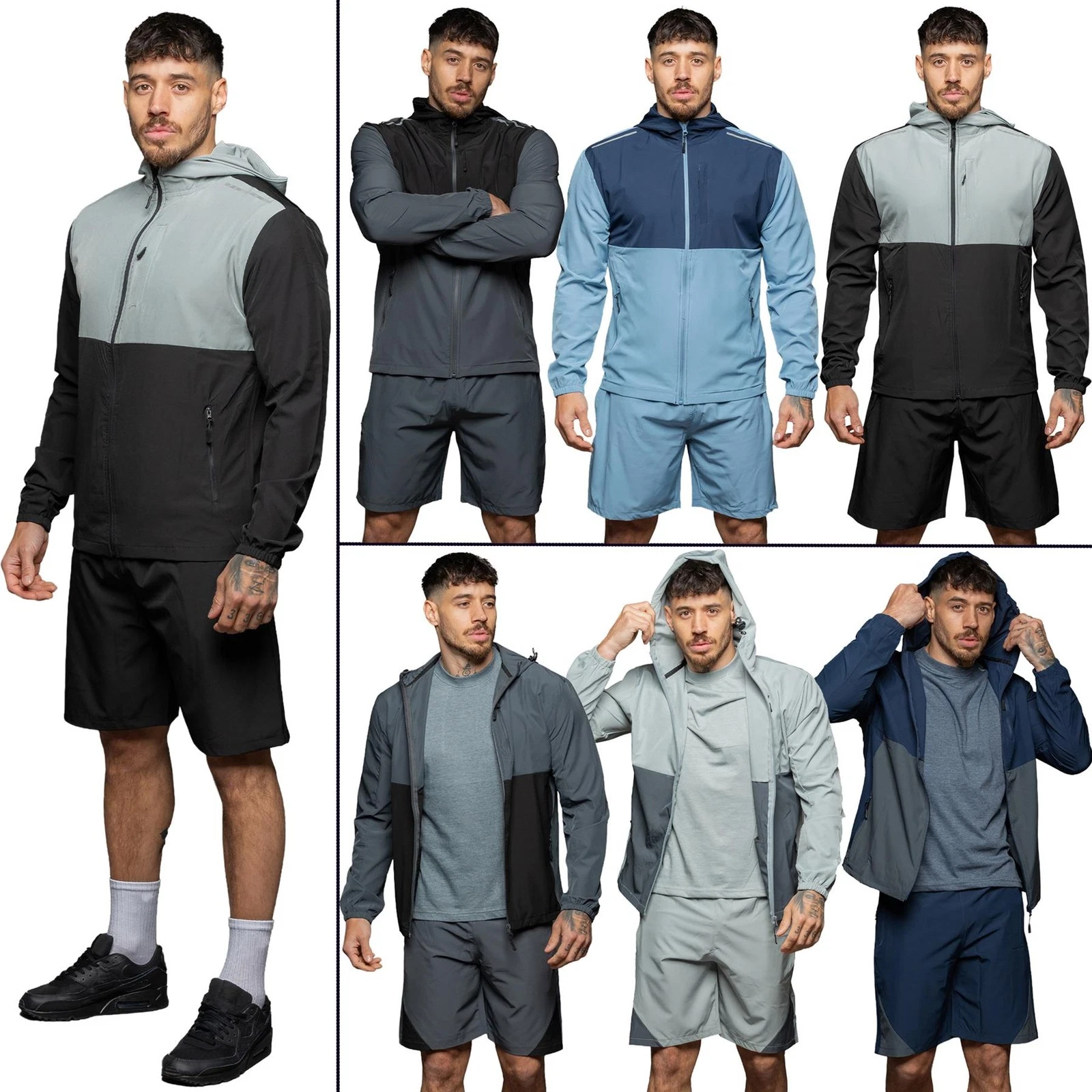 Kruze Mens Woven Tracksuit Set Lightweight Hooded Jacket Elasticated Shorts Suit