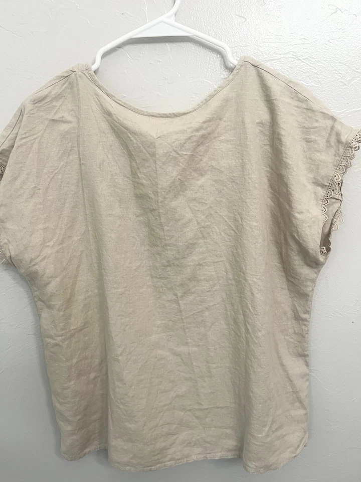 Camisa Blusa Túnica Sunny Leigh Boho Lino Crujiente Cuadrada Tostada Talla Mediana Artística Foto 3 de 4