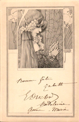 Art Nouveau Girl Looking in Mirror  Vintage Artist Signed Postcard