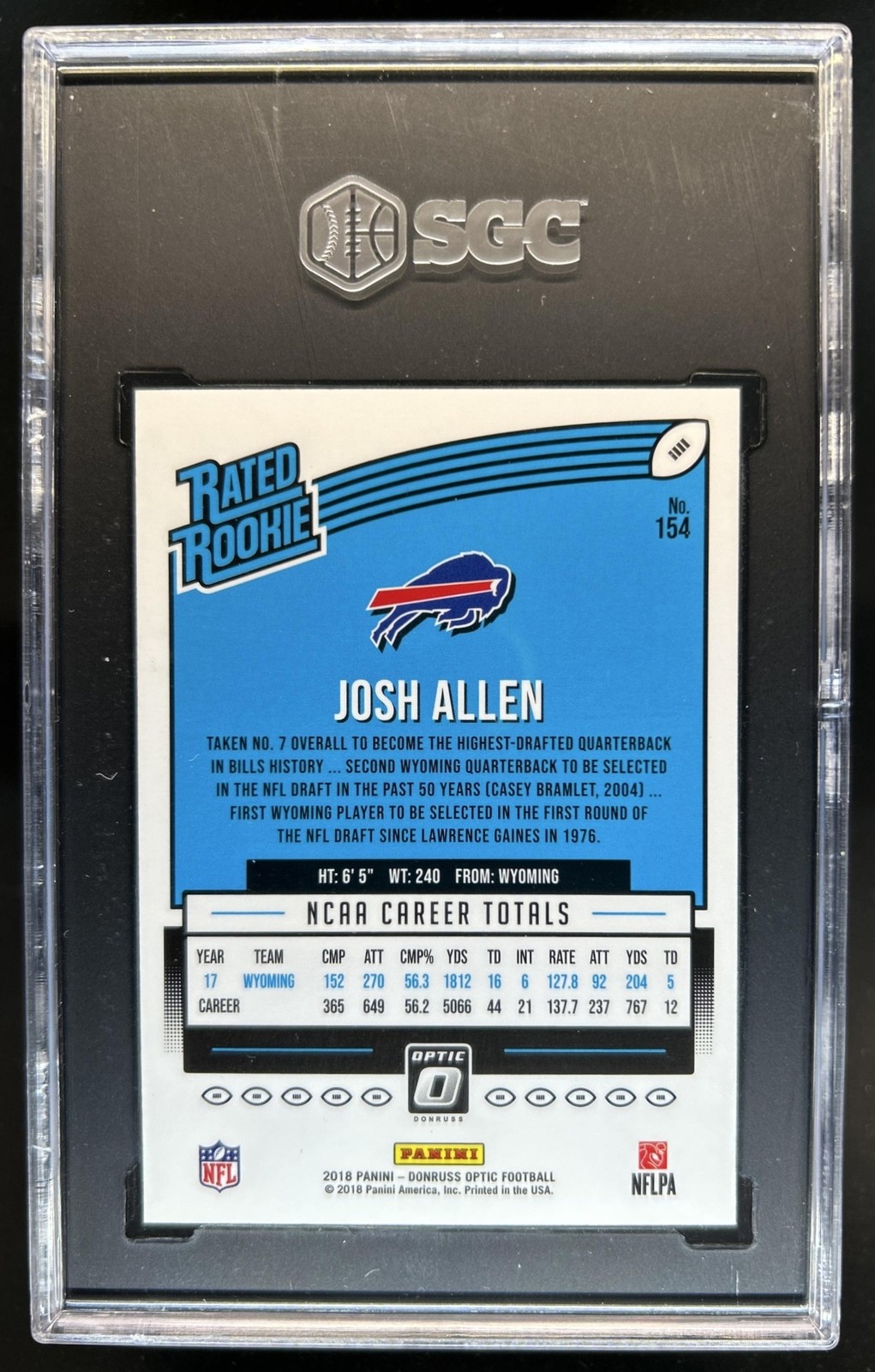 2018 Panini Donruss Optic Josh Allen Rookie RC #154 Bills SGC 9 view 2