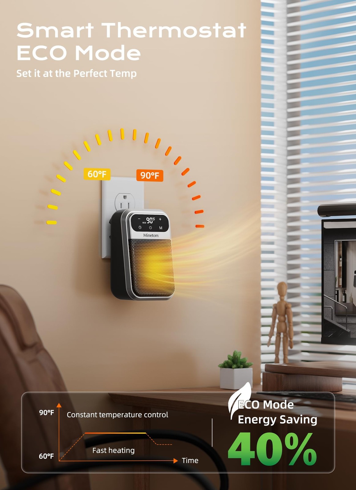 Minetom Portable Plug In Space Heater, 800W Small Wall Heater for Indoor Use,...