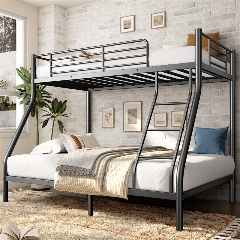 Metal Bunk Bed Twin Over Full Size with Metal Support for Adults Teens, Black