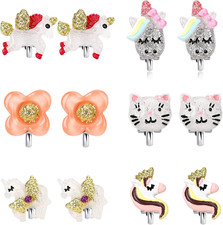Unicorn Clip On Earrings for Little Girls, Bling Flower and Cat Earrings