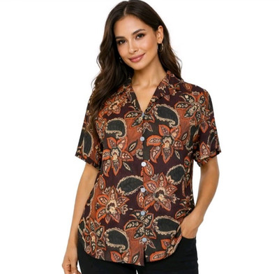 Amanda Smith 100% Pure Silk Blouse Petite Medium PM Paisley Floral Brown Vintage
