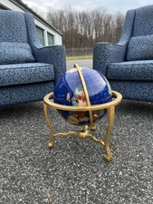 Unique 21" Tall Blue Lapis Tripod Gold Leg table Gemstone World Map Globe