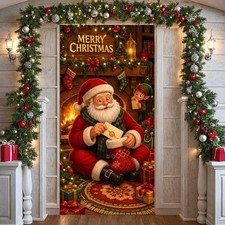 Red Green Christmas Door Cover Santa Claus Holiday Decorations Banner with Elf F