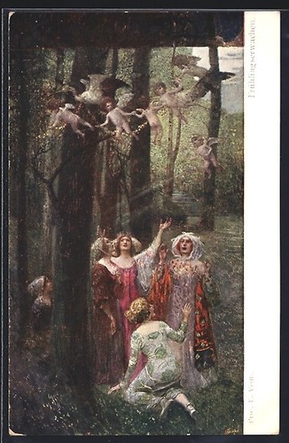 Künstler-AK sign. E. Veith: Engel fliegen über Damen im Wald