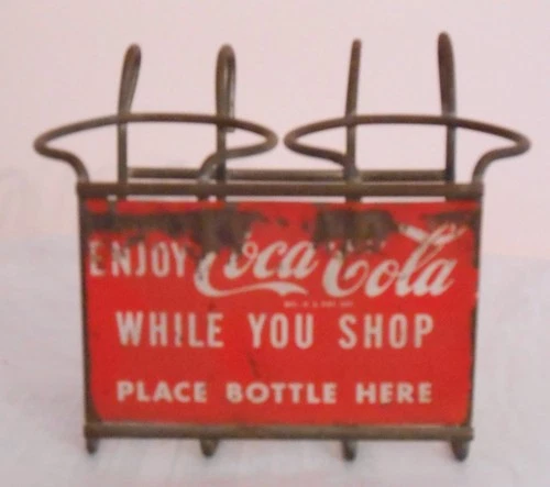 Coca Cola "While You Shop" Metal Shopping Cart 2-Bottle Holder Vintage 1950's
