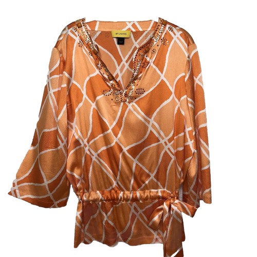 St. John Embellished Top L Silk Blend Peplum Blouse Geometric Print Bell Sleeve