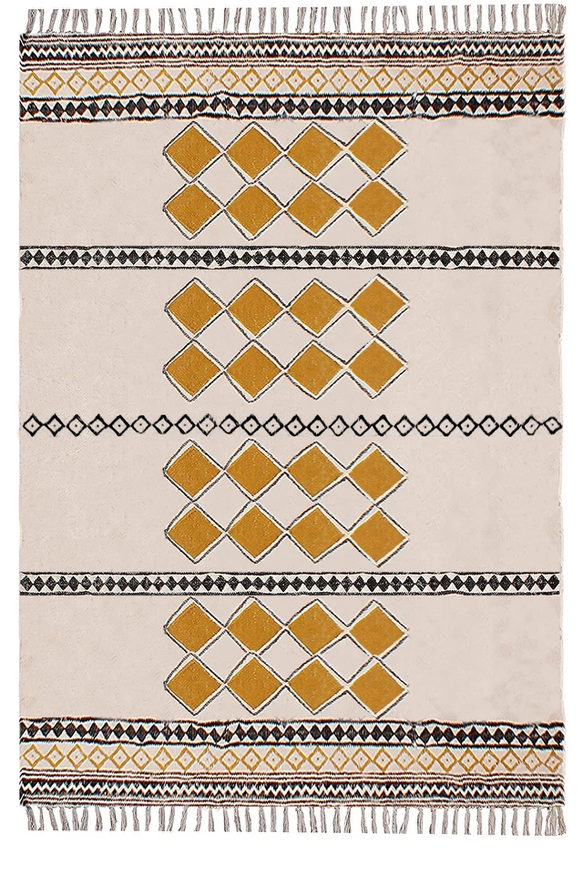 Tapis En Coton Tissé À La Main D'Accent Marocain Jaune Pour Salon - Photo 2/4