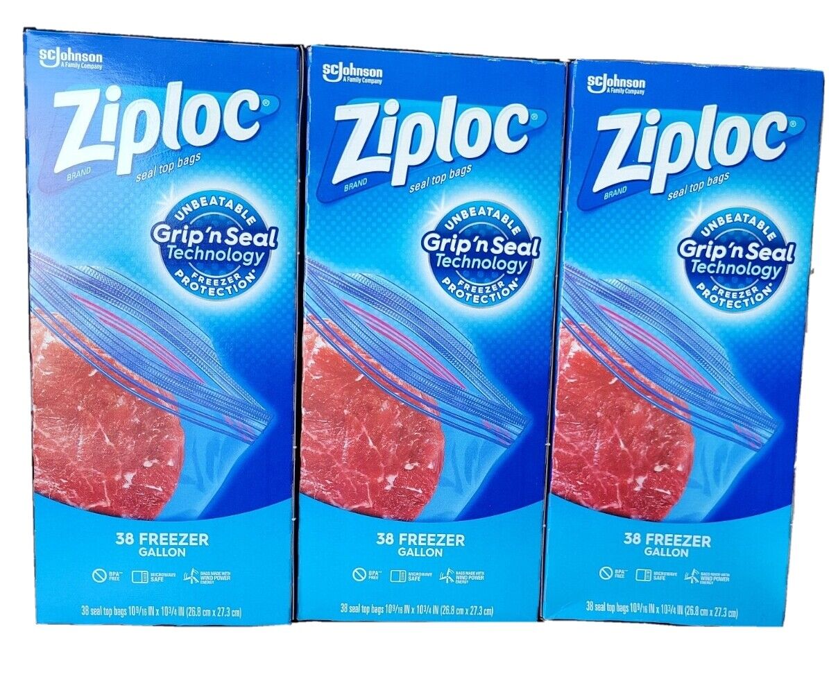 Ziploc Freezer Bags 3 Pks of 38 Bags each pack easy open Tabs Microwave  Safe