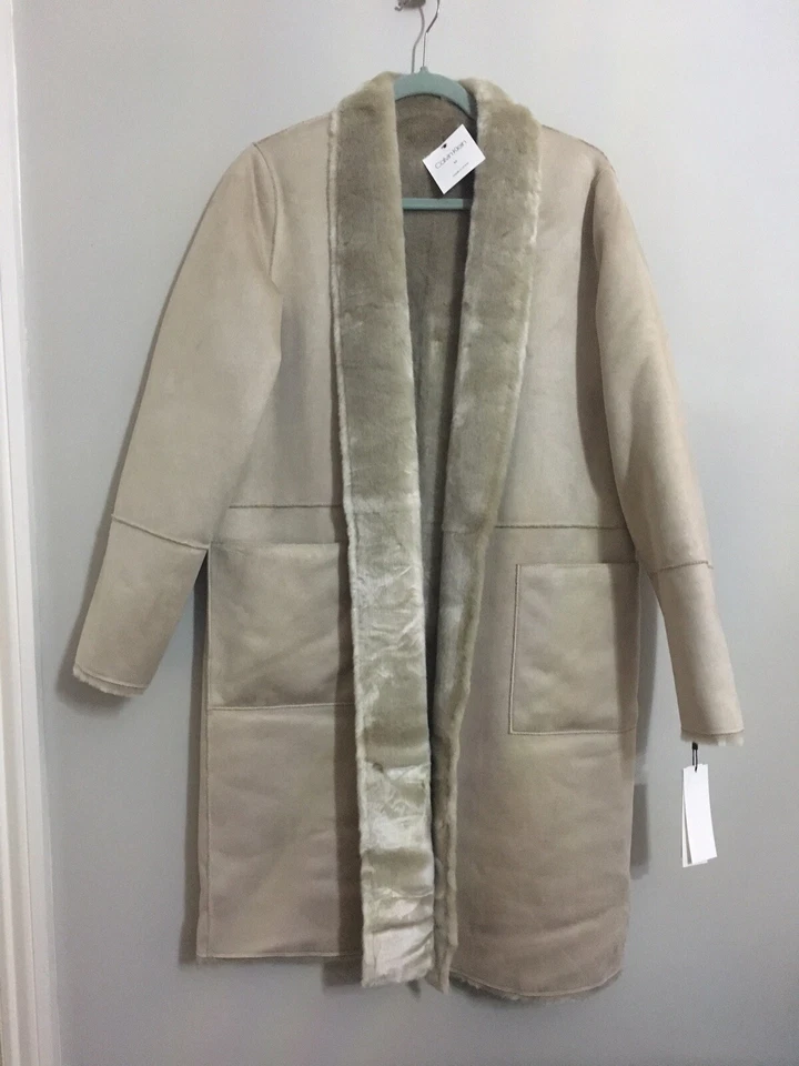 Calvin Klein Faux Fur Coat long length Reversible Faux Shearling in Beige Sand M - Image 4 of 4