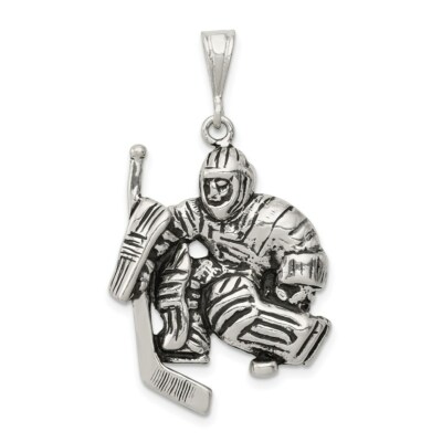 Sterling Silver 925 Antiqued Finish Hockey Player Goalie Charm Pendant  Inch