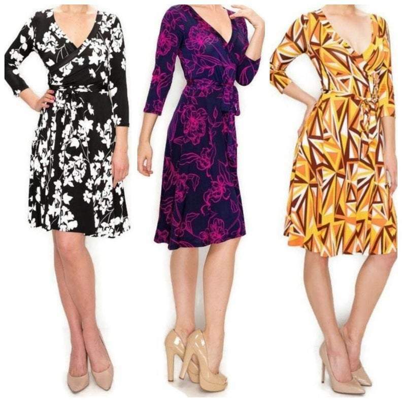 Janette Fashion 3 Dresses Bundle Deal Faux Wrap Knee Length Dress ~ Size:  MEDIUM