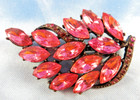 Brooch Leaf Shaped Pretty Pink Stones Vintage Hot Pink Marquise Rhinestone Pin