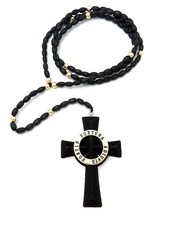 Fortis Fortuna Adiuvio Cross Pendant 30" Wooden Beads Rosary Chain Necklace