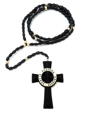 Fortis Fortuna Adiuvio Cross Pendant 30'' Wooden Beads Rosary Chain Necklace 