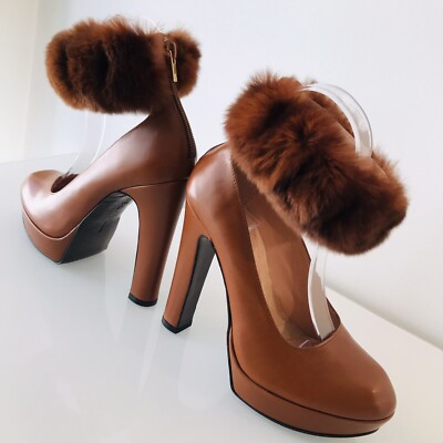 ROBERT CLERGERIE SHOES BROWN LEATHER HEELS FUR ANKLE STRAP