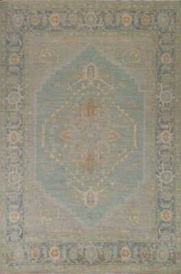 Geometric Turquoise/ Blue Oushak Vegetable Dye Turkish Handmade Area Rug 8'x10'