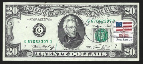 1974 $20 FEDERAL RESERVE NOTE STAMP CANCEL HIGH GRADE G67062307D - Picture 2 of 4