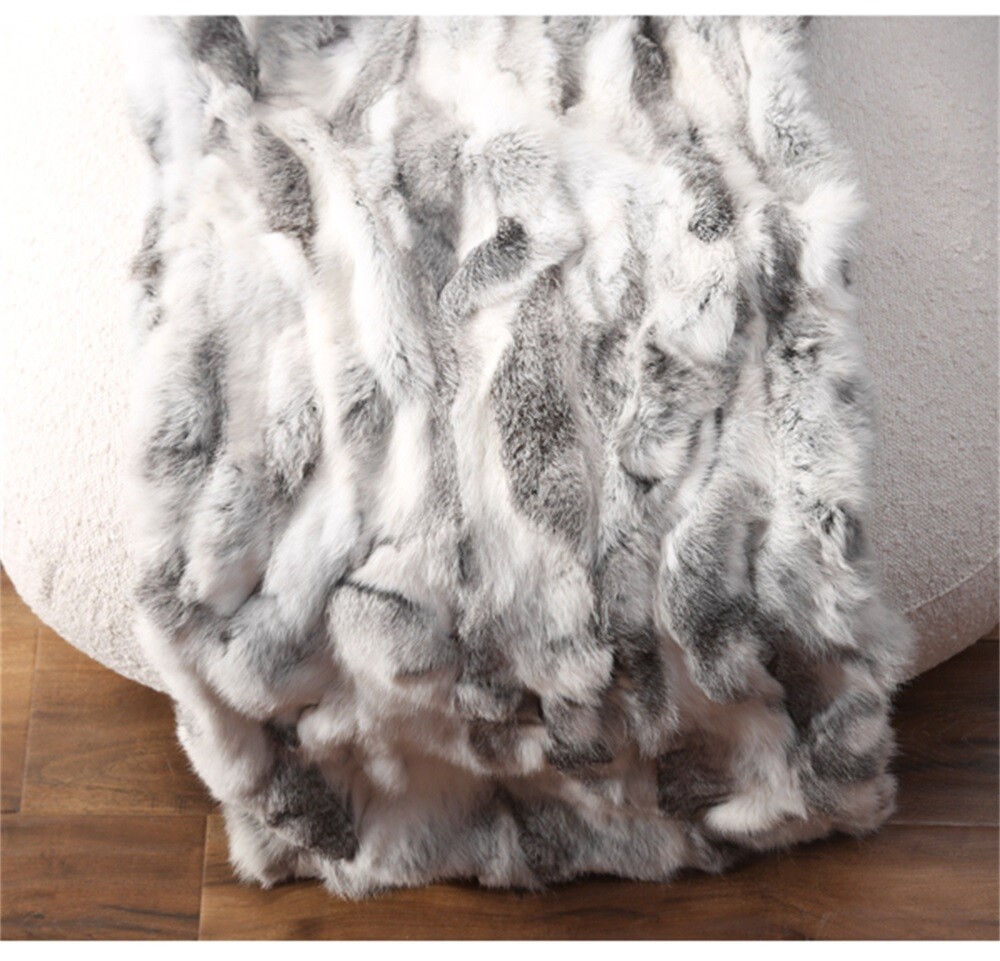 Real Rabbit Fur Patchwork Throw Blanket – Gray – Approx. 1.8' X 3.3' (50-55cm X 100-110cm)
