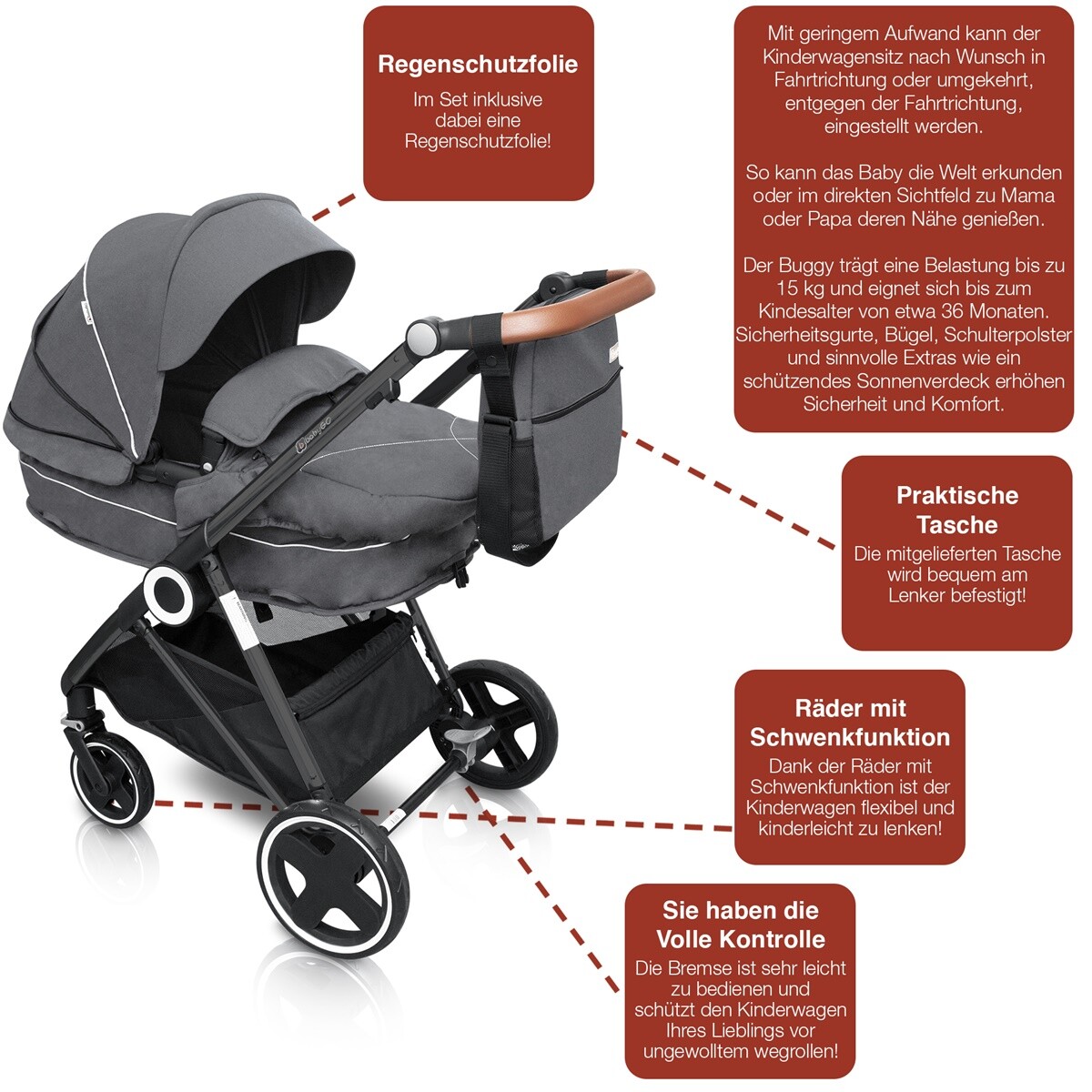 BabyGo Halime Kombi Kinderwagen Grey Gestell schwarz TOP