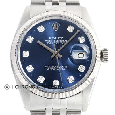 Rolex Datejust Blue Diamond Dial 18K White Gold & SS Jubilee Watch 16014