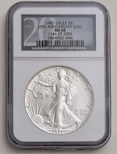1987 AMERICAN 1 OUNCE SILVER EAGLE NGC MS68 20TH ANNIVERSARY SKU 1864062-046