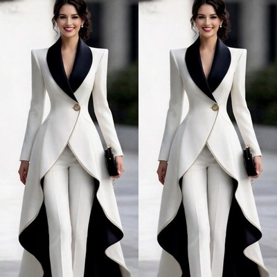White Women Suits 2Pcs Evening Dinner Long Jacket Prom Fashion Party Coat Outfit