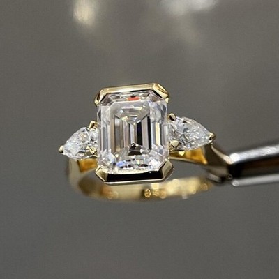 2.50CTW Emerald Cut Moissanite Three Stone Engagement Ring 14kYellow Gold Plated
