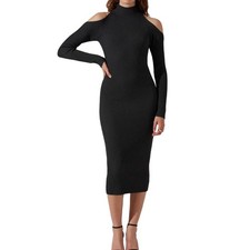 ASTR Charcoal Gray Cold Shoulder Mock Neck Bodycon Midi Sweater Dress Medium NWT