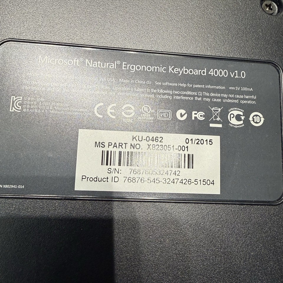 Microsoft Natural Ergonomic Keyboard 4000 v1.0 KU0462 USB Wired Tested