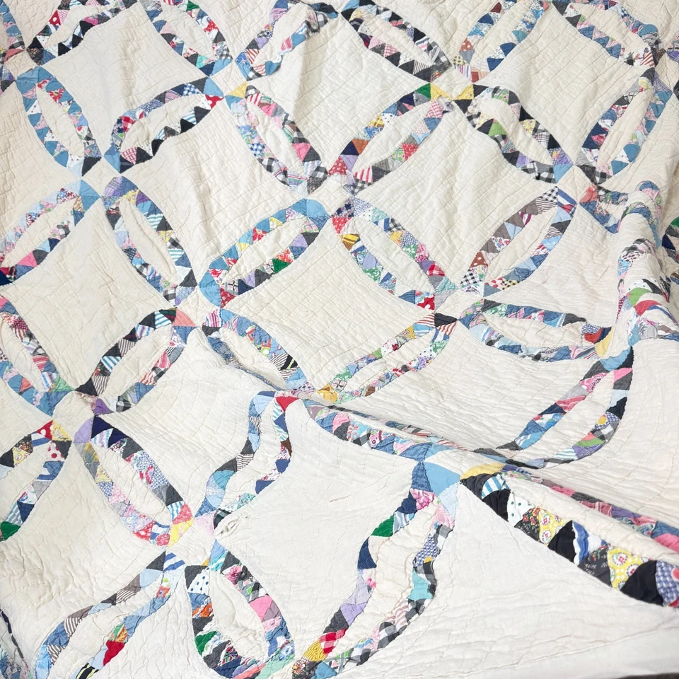 Anillo de boda doble vintage hecho a mano edredón doble saco de alimentación algodón raspado años 30 50 Foto 3 de 4