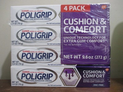 4 pack POLIGRIP Cushion & Comfort Denture Adhesive Cream 2.4 oz Each 2023  NEW