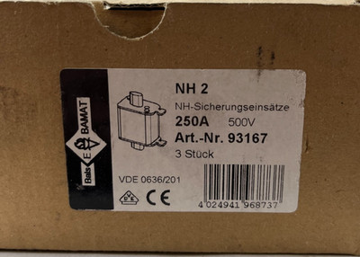 NH2 250A 500V gG Fuse Link Lot of 3x Bamat NH Fuse DIN 43620 NEW Units