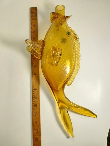 Vintage 1960s MCM Amber Crackle Glass Fish Figural Bottle Decanter Italy 17" - Picture 11 of 11