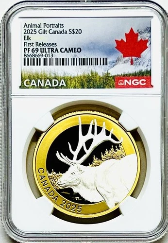 2025 $20 CANADA 1OZ SILVER GILT PROOF ANIMAL PORTRAITS-ELK NGC PF69 FR POP~19