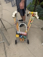 Vintage Croquet Set Metal Wheeled Cart w/ Wooden Mallets, Balls Wickets